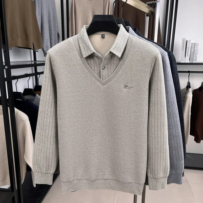 Luxury Brand Men's Velvet Fake Two-Piece Long Sleeved Polo Shirt Autumn Winter Item Solid Color Embroidery Warm Fashion Menswear