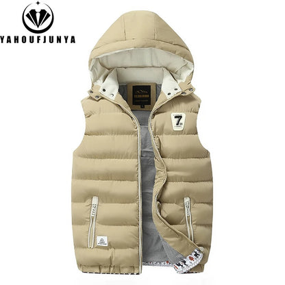 New Men Spring Sleeveless Warm Detachable Hooded Vest Jackets Men Autumn Solid Color Outdoors Windproof Casual Fashion Vest Male