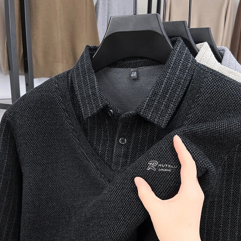 Luxury Brand Men's Velvet Fake Two-Piece Long Sleeved Polo Shirt Autumn Winter Item Solid Color Embroidery Warm Fashion Menswear