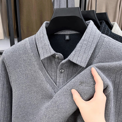 Luxury Brand Men's Velvet Fake Two-Piece Long Sleeved Polo Shirt Autumn Winter Item Solid Color Embroidery Warm Fashion Menswear