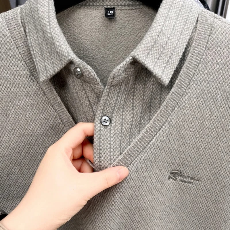 Luxury Brand Men's Velvet Fake Two-Piece Long Sleeved Polo Shirt Autumn Winter Item Solid Color Embroidery Warm Fashion Menswear