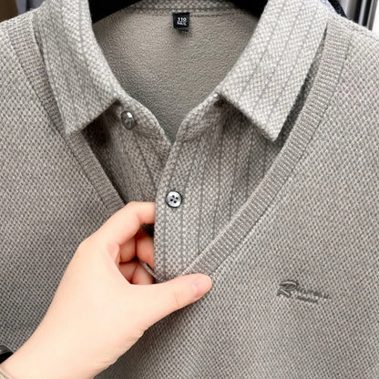 Luxury Brand Men's Velvet Fake Two-Piece Long Sleeved Polo Shirt Autumn Winter Item Solid Color Embroidery Warm Fashion Menswear
