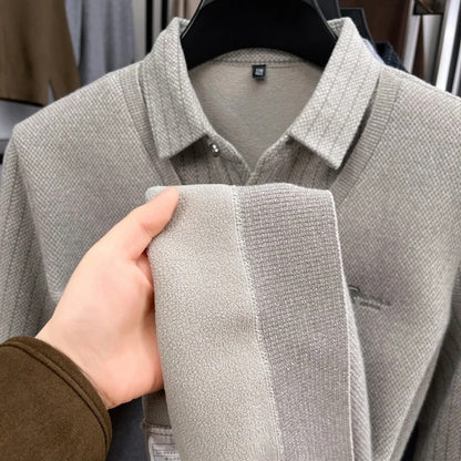 Luxury Brand Men's Velvet Fake Two-Piece Long Sleeved Polo Shirt Autumn Winter Item Solid Color Embroidery Warm Fashion Menswear